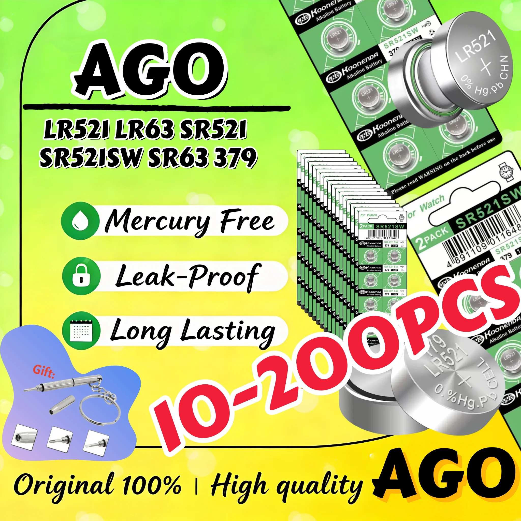 10-200PCS Pilas de botón AG0 LR63 LR521 SR521 SR521SW SR63 379 1.5V Alcalinas para Juguetes y Relojes