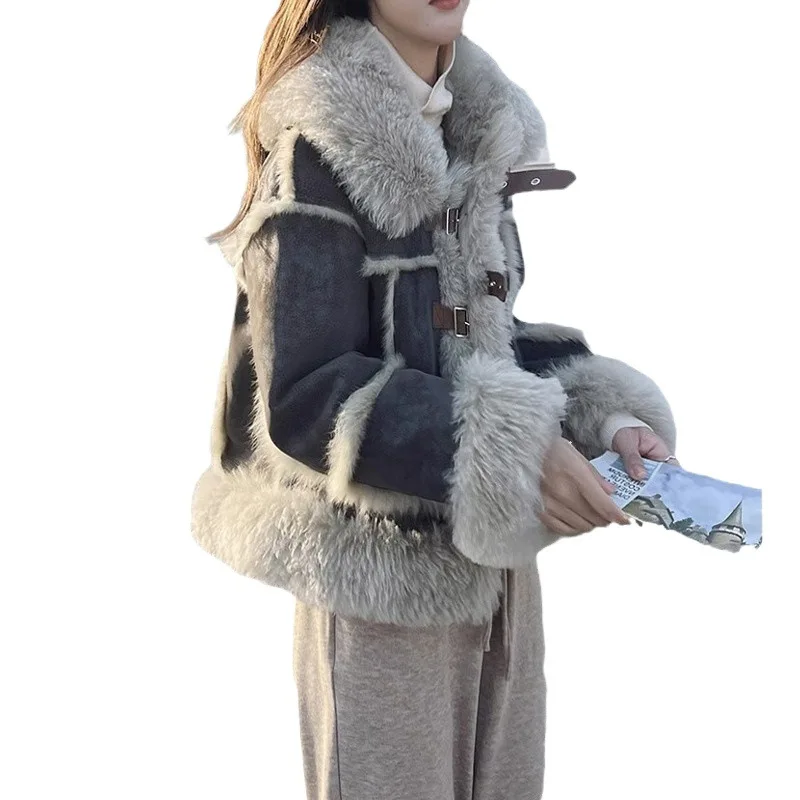 Damska kurtka z futra jagnięcego na jesień i zimę 2024, motocyklowa, ocieplana, skórzana, futrzana, mała, elegancka, wysokiej jakości płaszcz bawełniany.