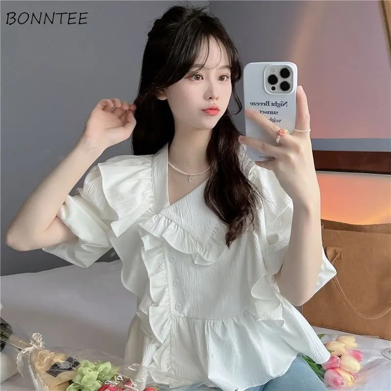 

Shirts Women Ruffles Creativity Delicate Elegant All-match Simple Daily Tender Korean Style Ladies Basics Vintage Charming New