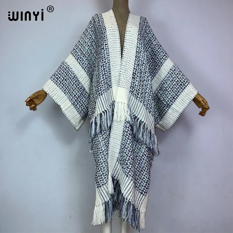 WINYI winter coat for women gradient print tassels Luxury Fur Loose OverCoat Thick Warm long down coat Elegant cardigan jacket