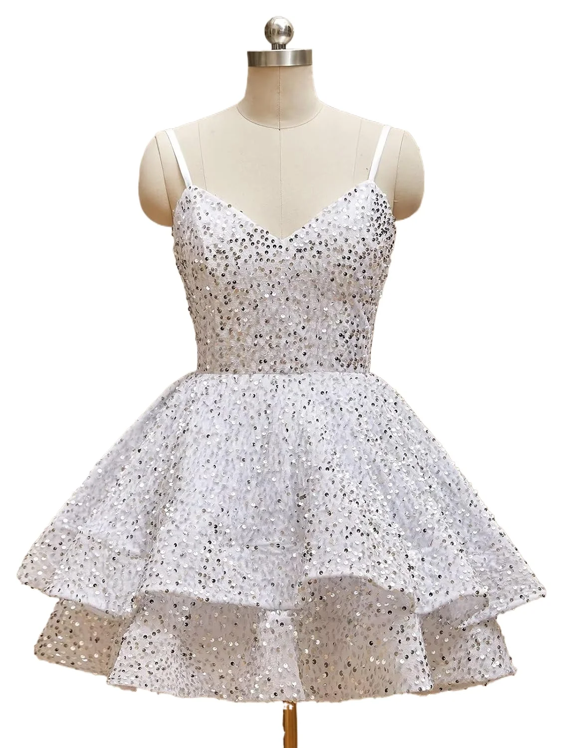 

Short Homecoming Dresses 2026 Sparkly Sequin Tiered Ball Gown Spaghetti Straps V-Neck Corset Prom Dress Mini Graduation Dress