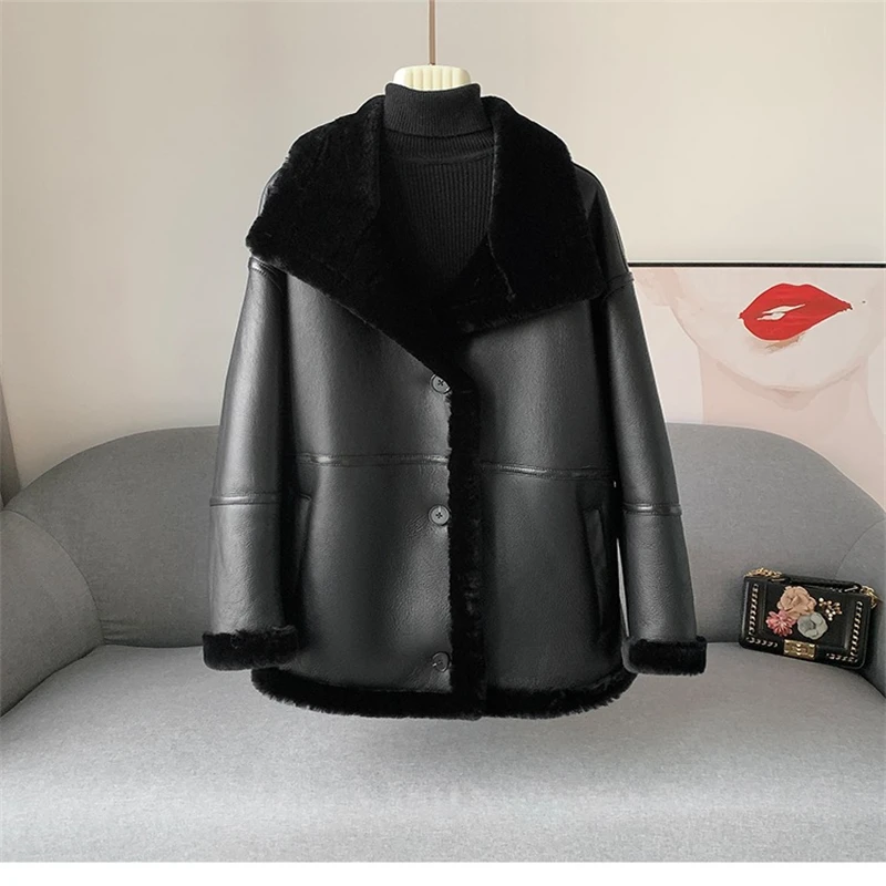 New Women Merino Wool Fur Jacket Real Leather Sheepskin Coat Female Motorcycle Parka JT409