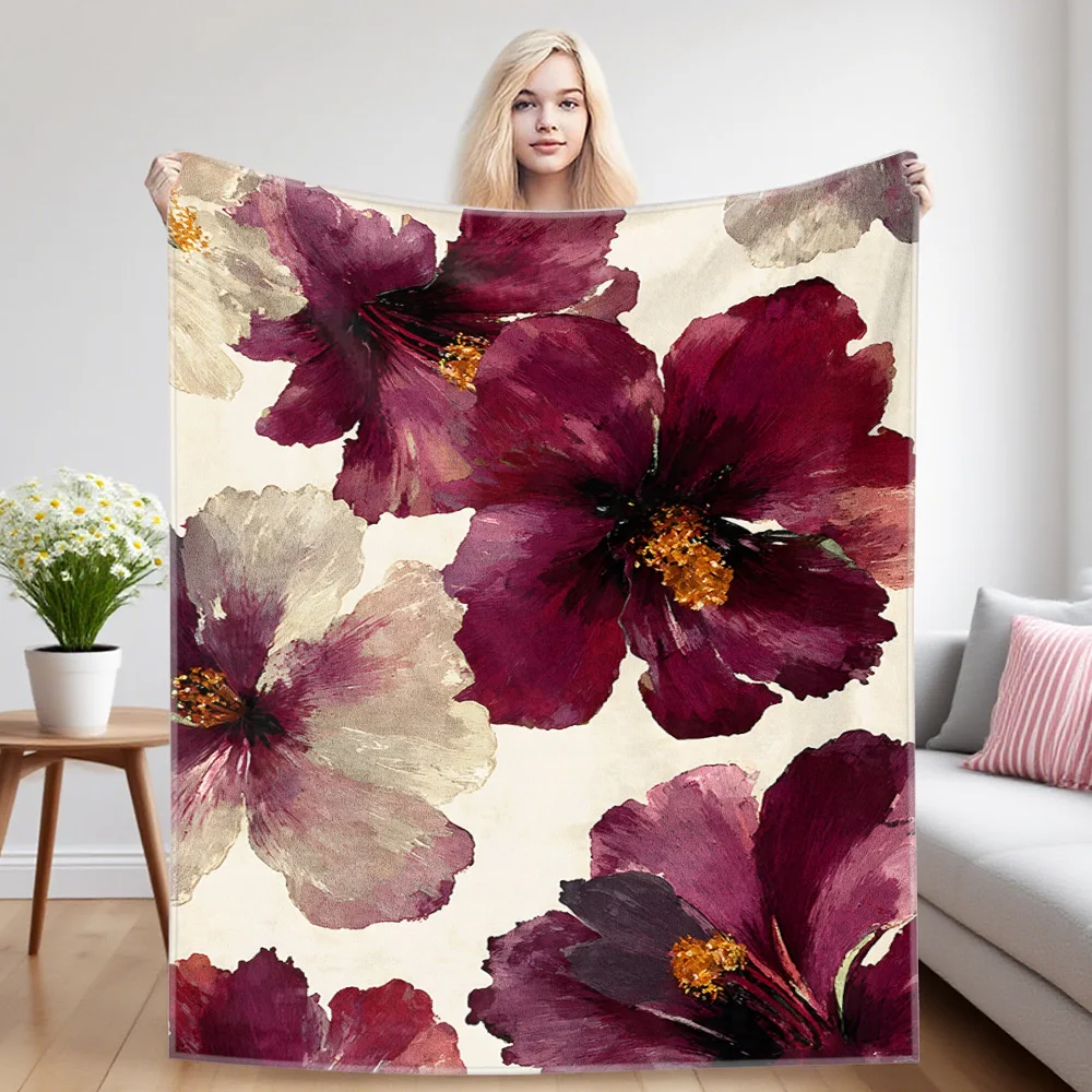 Burgundy Impasto Florals Flannel Luxury Blanket, Lightweight And Comfortable Woolen Blanket, Ultra-Fine Fiber
