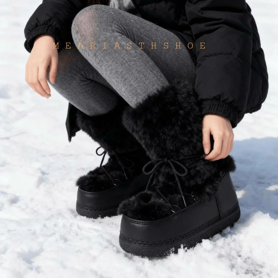 white Winter Snow Boots Fur Boots Women Fluffy Fuzzy rabbit hair Fur Boots Middle Calf Platform White Furry Boots size 35-40 view 3