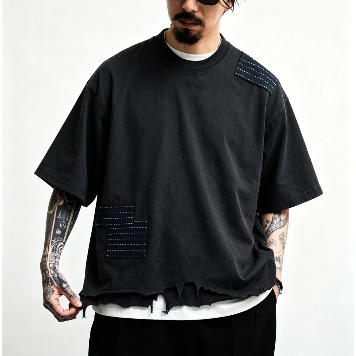 Indigo Patchwork Patch Loose Shoulder Sleeve Short Sleeved Tees Men's Trendy Casual