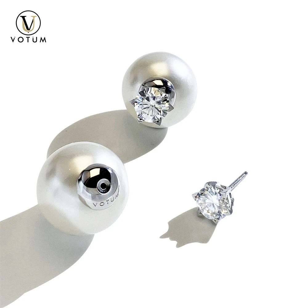 Votum 0,5/1ct redondo D Color Moissanite 925 plata 18K chapado en oro blanco pendiente con pasador para mujer perla grande joyería nupcial de boda