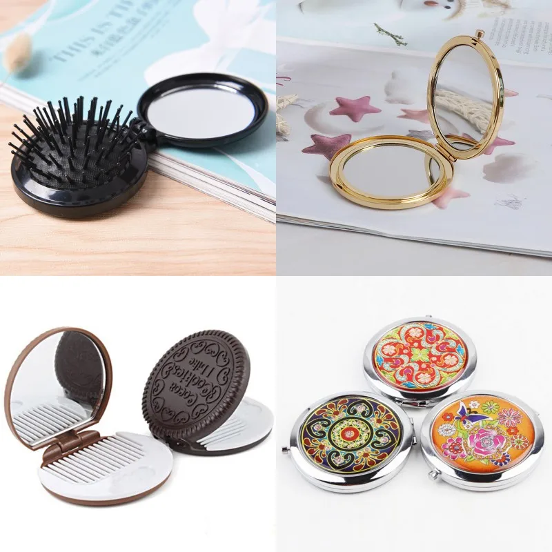 TSHOU723  Make Up Vintage Flower Print Mini Cosmetic Mirror Portable Round Folded Compact Pocket Mirror Makeup