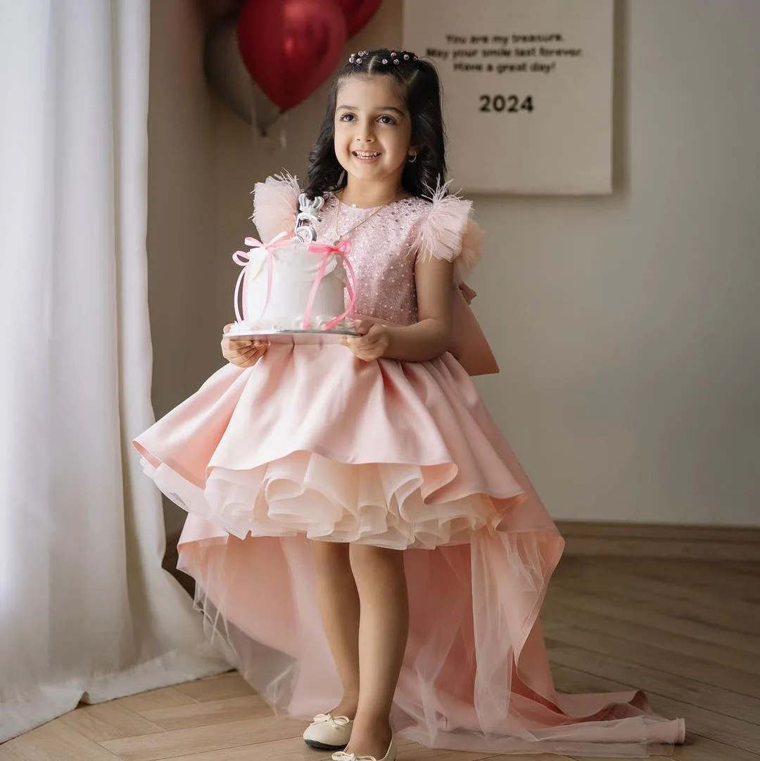 Pink Ruffles Flower Girl Dress For Wedding Sleeveless Sequins With Sequins Puffy Princess Birthday First Communion Ball Gown