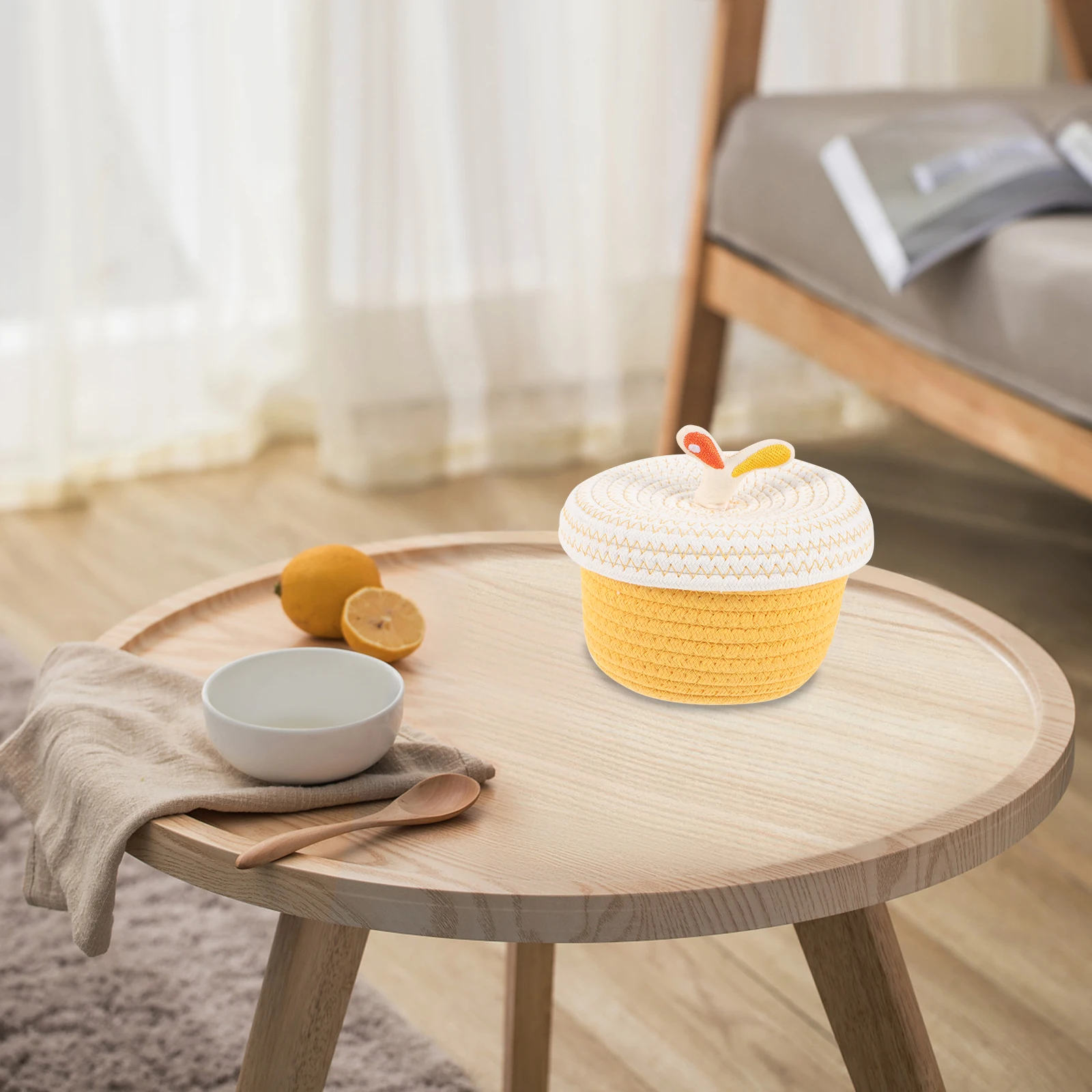

Cotton Rope Basket with Lid Round Storage Bins Foldable Nursery Organizer Decorative Boxes Home Office Use Storage Solution