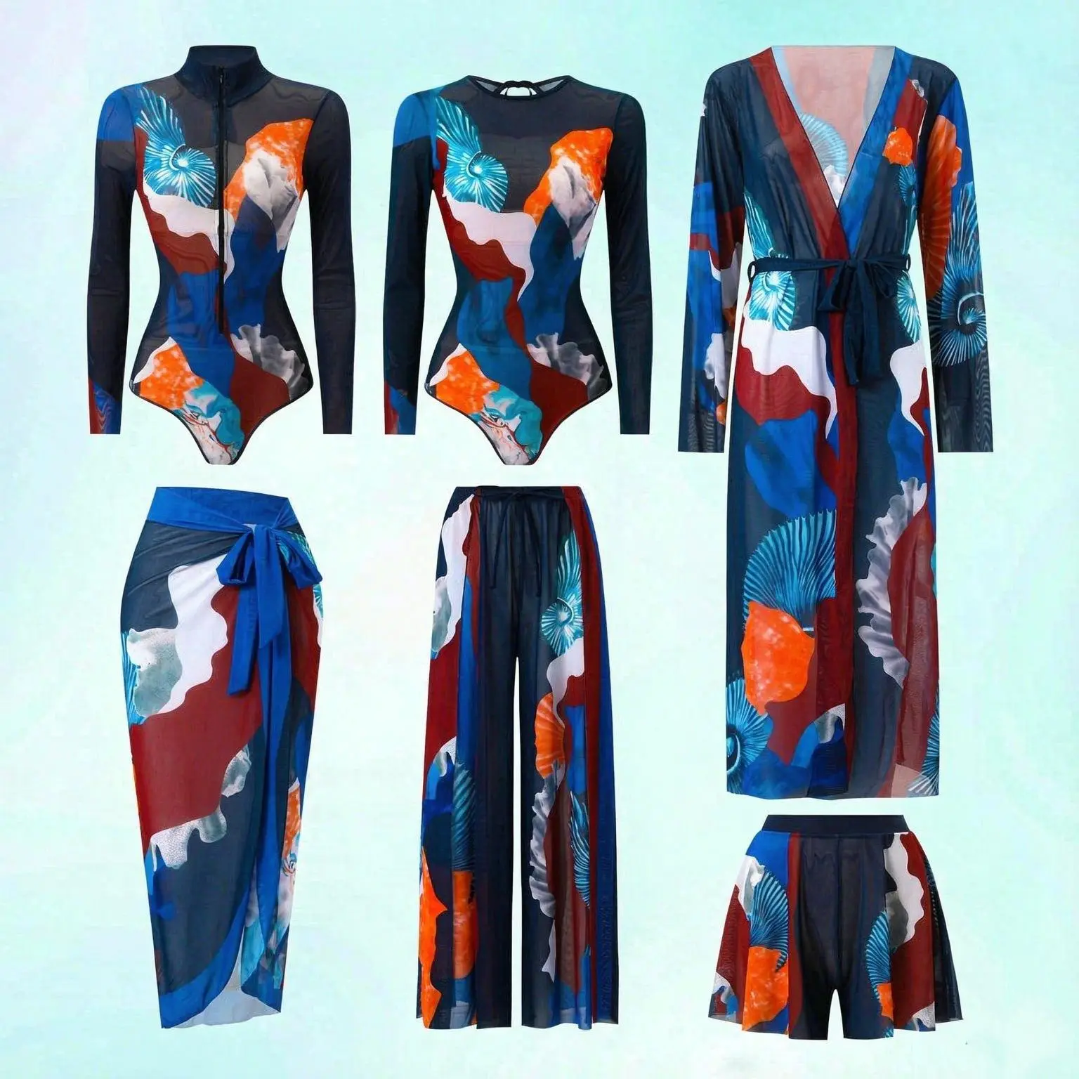 2026 Abstract Print Swimwear Collection, Long Sleeve Rash Guard, Kimono, Wrap Skirt, Pants & Skort, UPF35+ Beach Cover Up Outfit