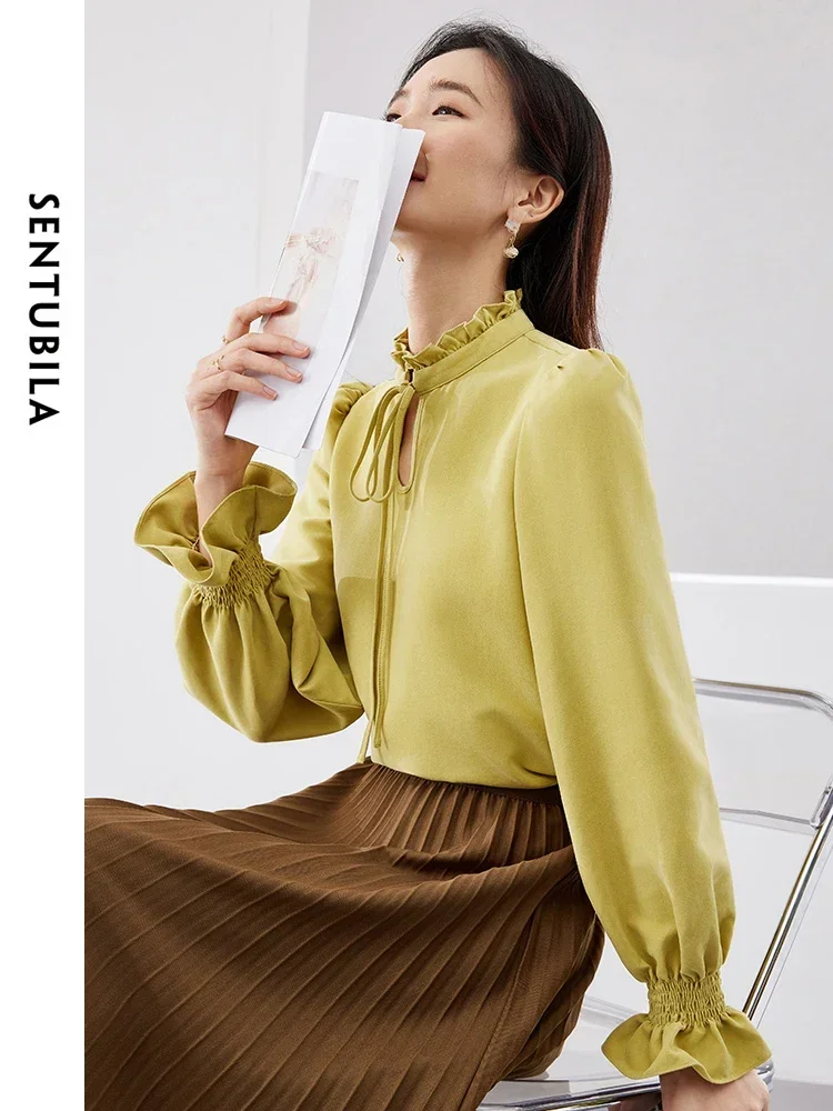 SENTUBILA Women's Elegant Blouses Tied Ruffled Collar 2025 Spring Commute Smocked Long Sleeve Top Casual Shirt Female 141C52685