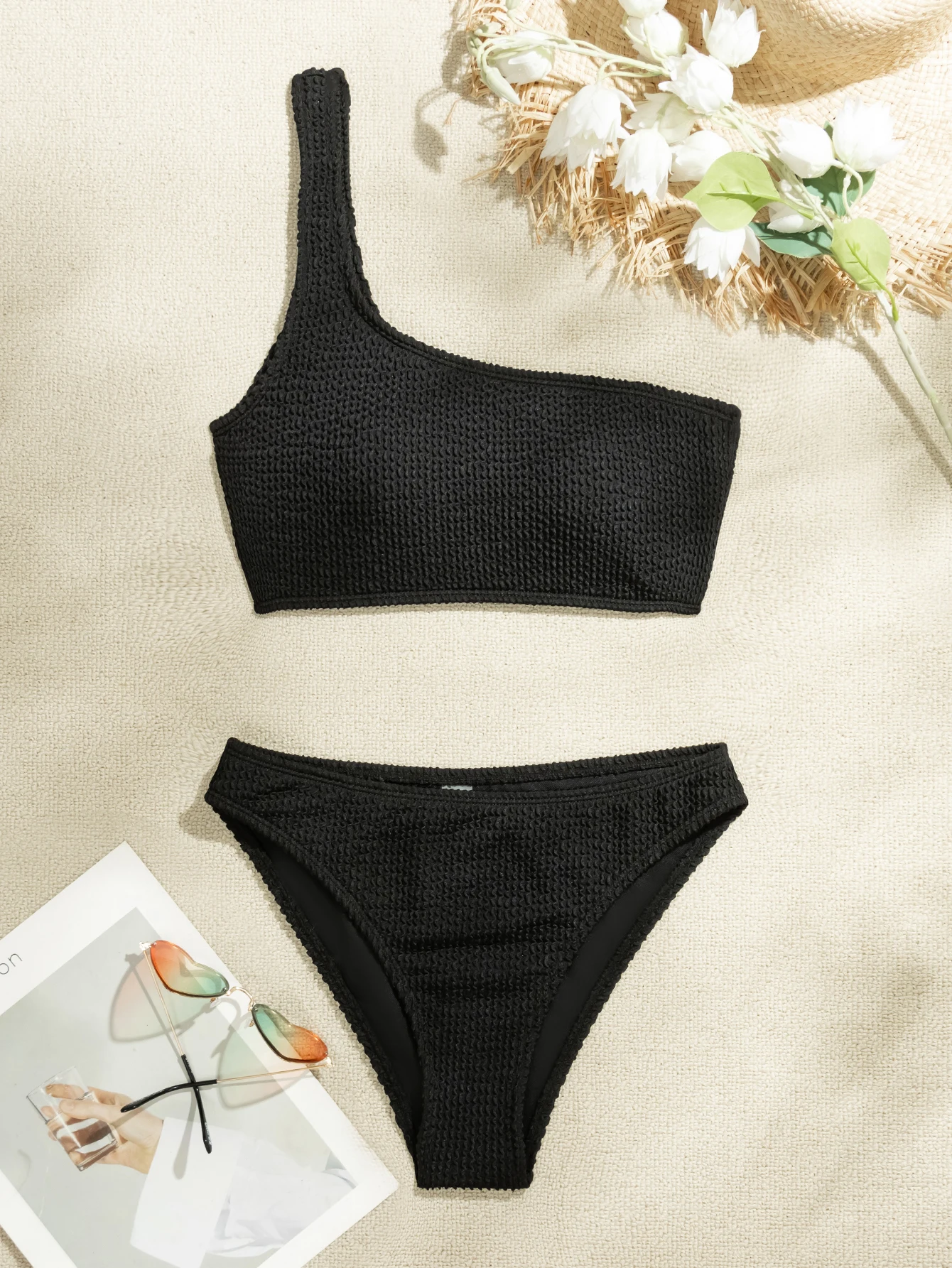 one-shoulder bikini Suit sexy 2 Pieces Swimming Suit triangle beach short strip bra swimwear
