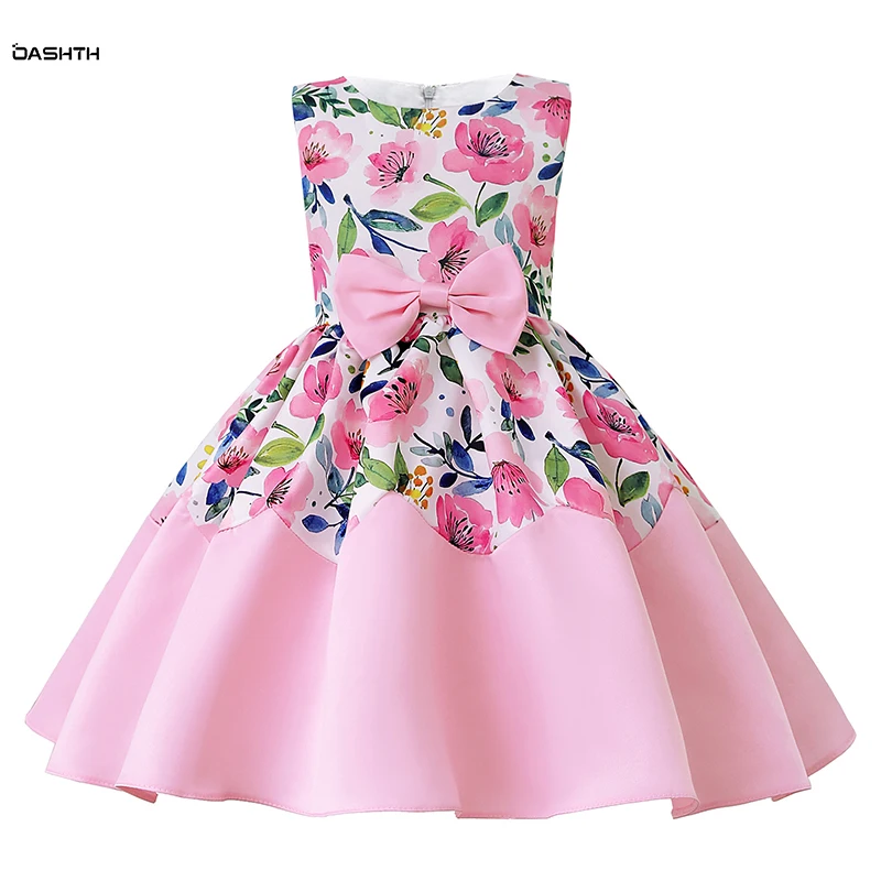 

OASHTH Girl's new dress bow performance costume children's skirt printed vest pleated princess dress