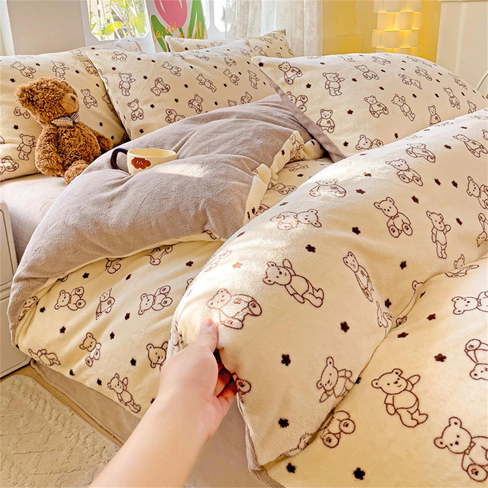 Milk Velvet Four-Piece Set Winter Warm Thicken Coral Velvet Bedding Set Soft Double-Sided Plush Duvet Cover Pillowcase Bed Sheet