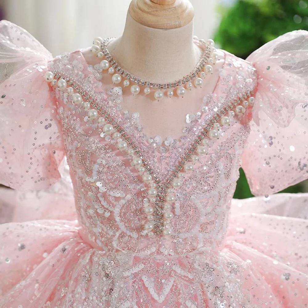 Pink Sparkly Girls Pageant Dress Puff Sleeve Rhinestone Princess Ball Gown Elegant Kids Birthday Party Flower Girl Dresses