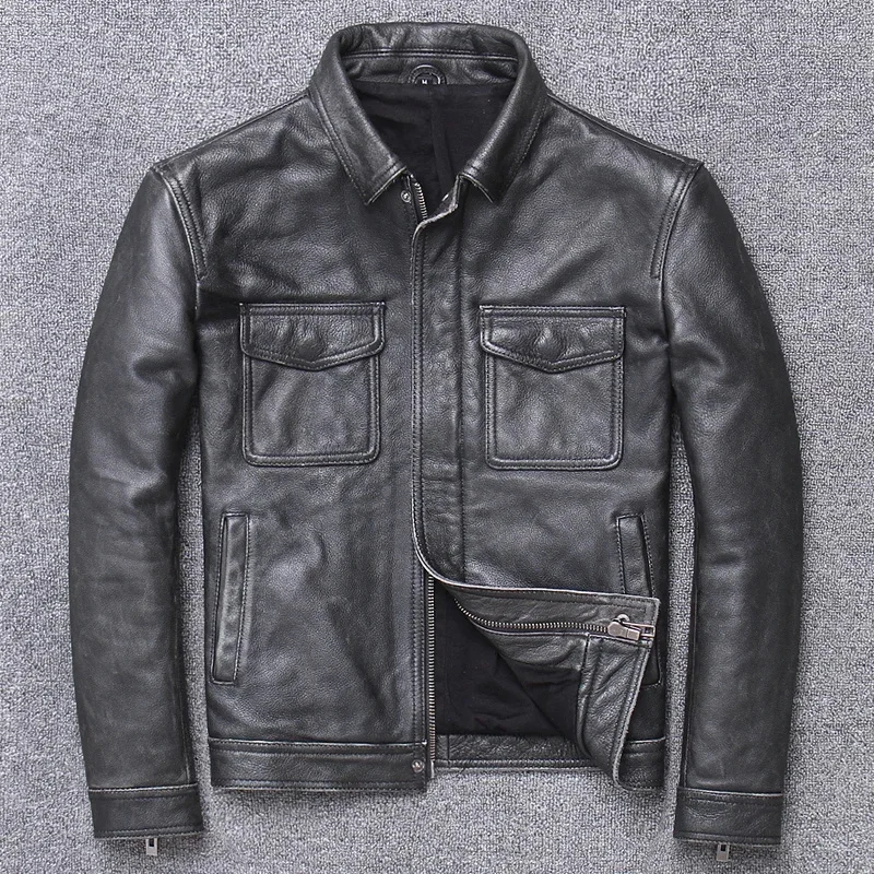 Veste en cuir de vachette véritable pour homme, CombFall, courte, rétro, grill, slim, moto, zones bre, offre spéciale, FCY