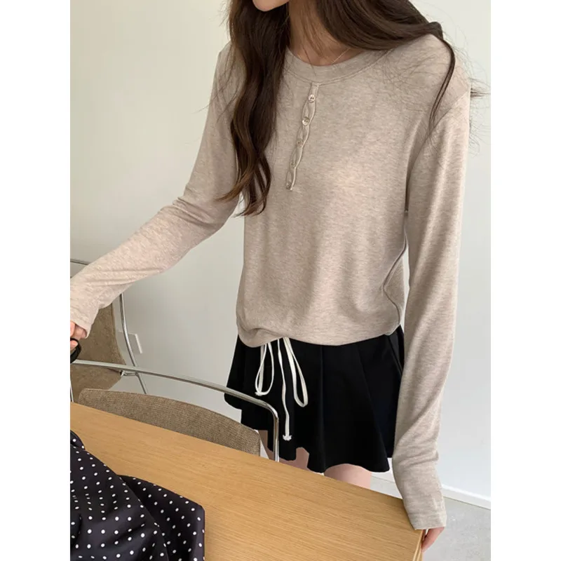 

Весенняя женская футболка из лиоцелла и шерсти с пуговицами, мягкая, минималистичная, легкая, базовая, с длинным рукавом