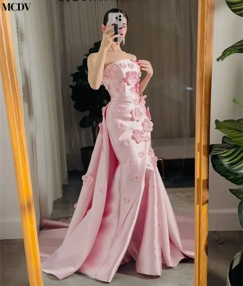 فستان سهرة مخصص من الساتان رشيق على شكل حرف a زهور ثلاثية الأبعاد عالي الجودة بدون حمالات بدون أكمام فستان سهرة نسائي