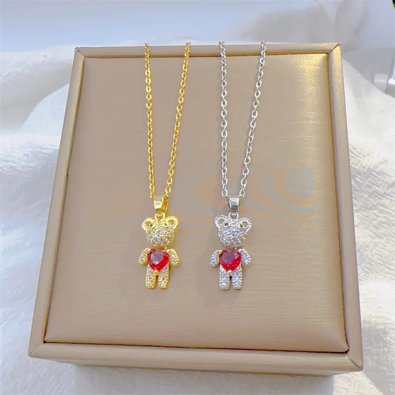 Classic Personalized Micro-inlaid Red Love Movable Bear Necklace Fashion Retro Light Luxury Stainless Steel Clavicle Chain