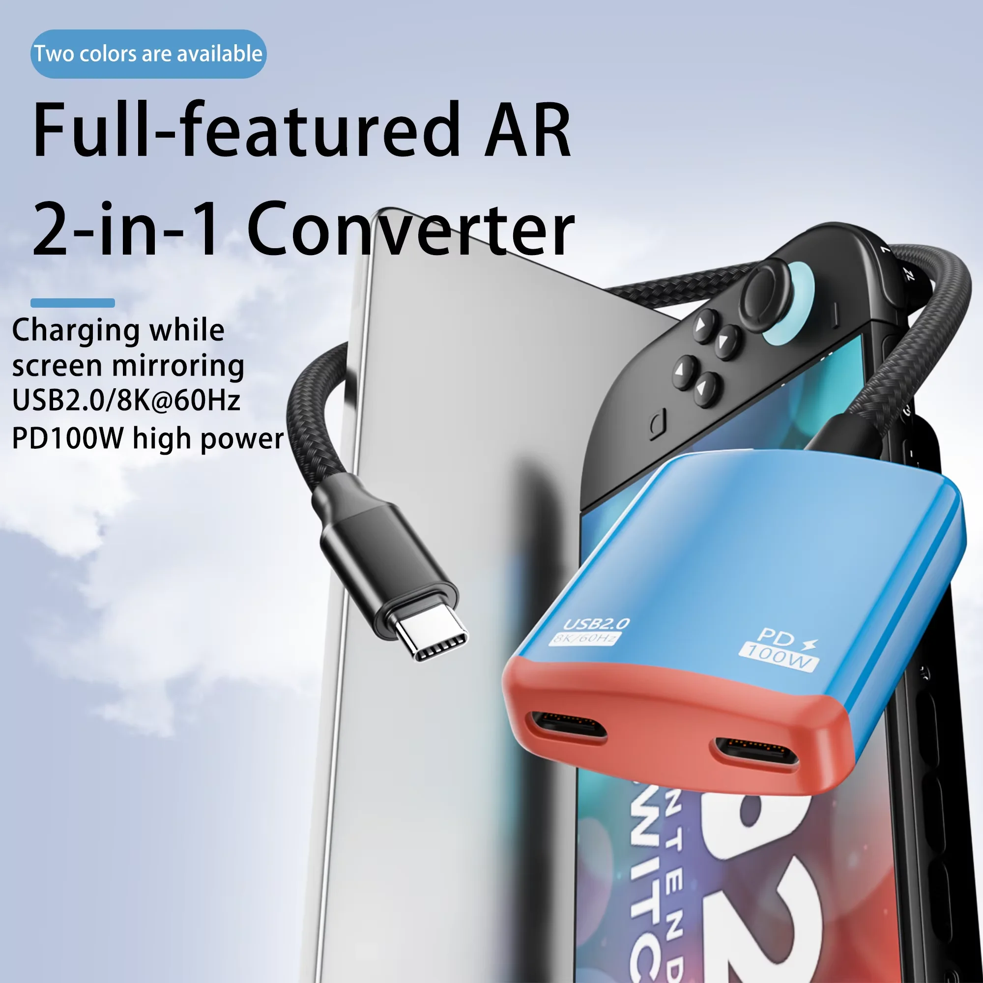 USB C to XREAL/VITURE One/RayNeo AR XR Smart Glasses 8K Display PD100W Fast Charging 2in1 Adapter for Switch Laptop Phone Game