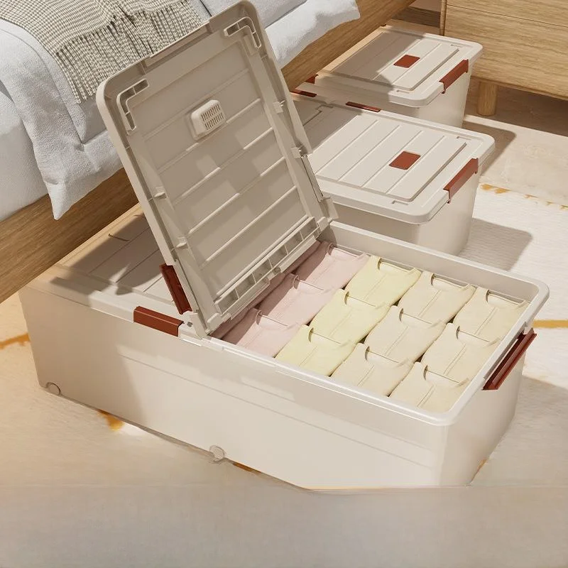 ベッド下収納ボックス-プラスチック製ホイール付き-フラット特大オーガナイザーボックス-衣類布団移動収納コンテナ-クリエイティブダブルドア
