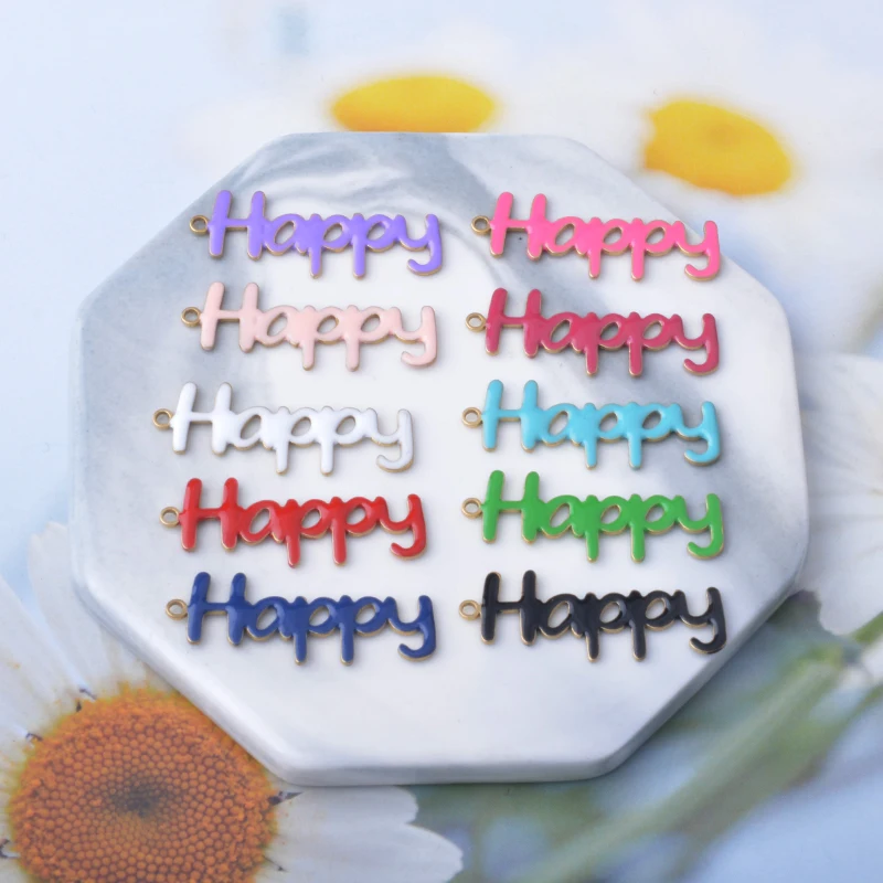 10 Stück Kupfer-Anhänger in Form von Buchstaben „Happy“ mit beidseitiger Emaillebeschichtung, Öltropfen-Optik, für DIY-Schmuckdekoration. – Detail 3