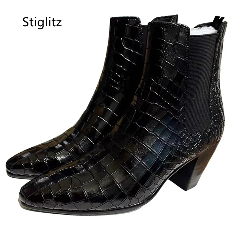 Chelsea Boots Men's Pointed Toe Snake Leather 8Cm Heels Slip On Stretch Boots British Genuine Leather High Heeled Male Shoes