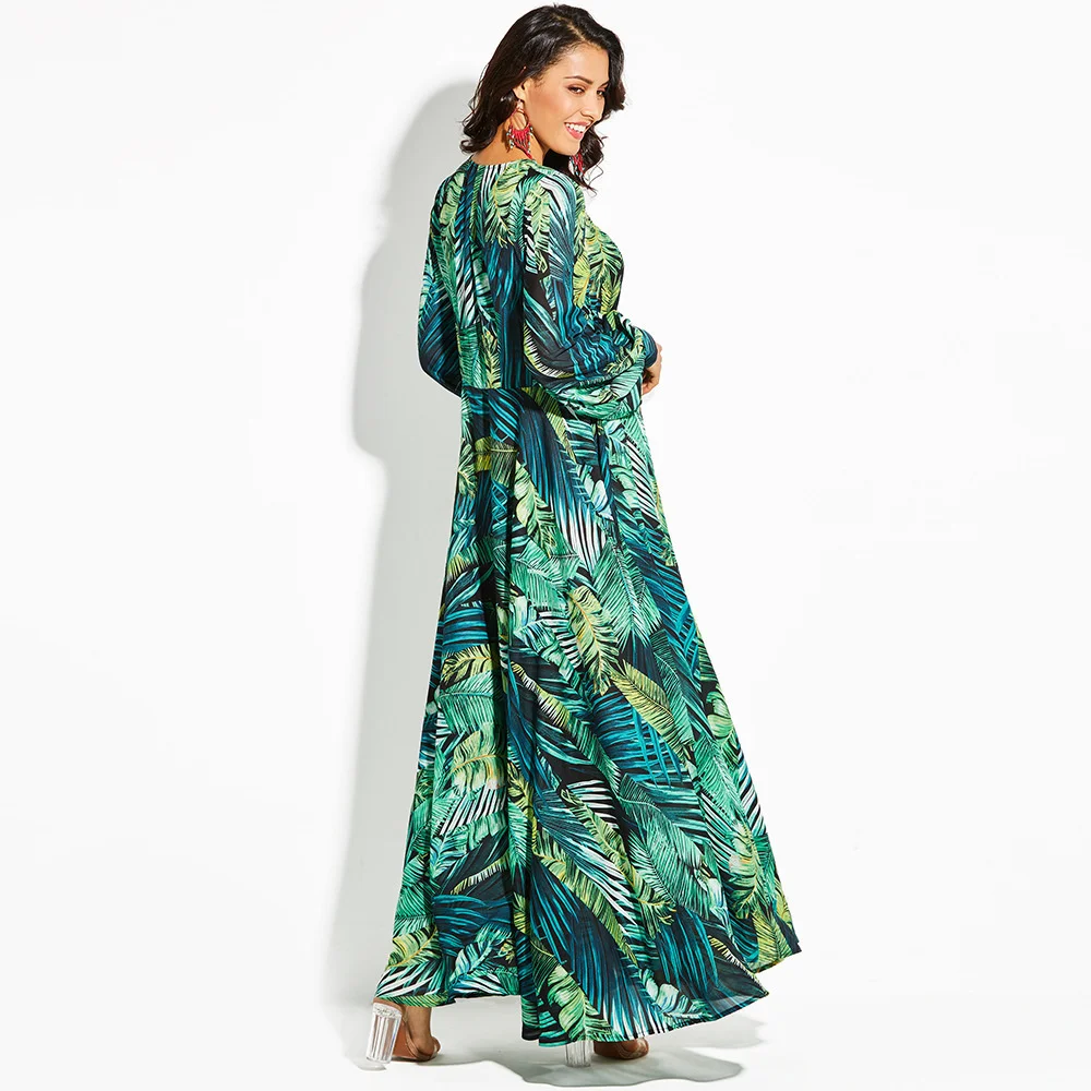 Spring/Summer New Printed Skirt Lantern Sleeves Sexy Deep V-Neck Green Leaf Long Dress Large Swing Skirt