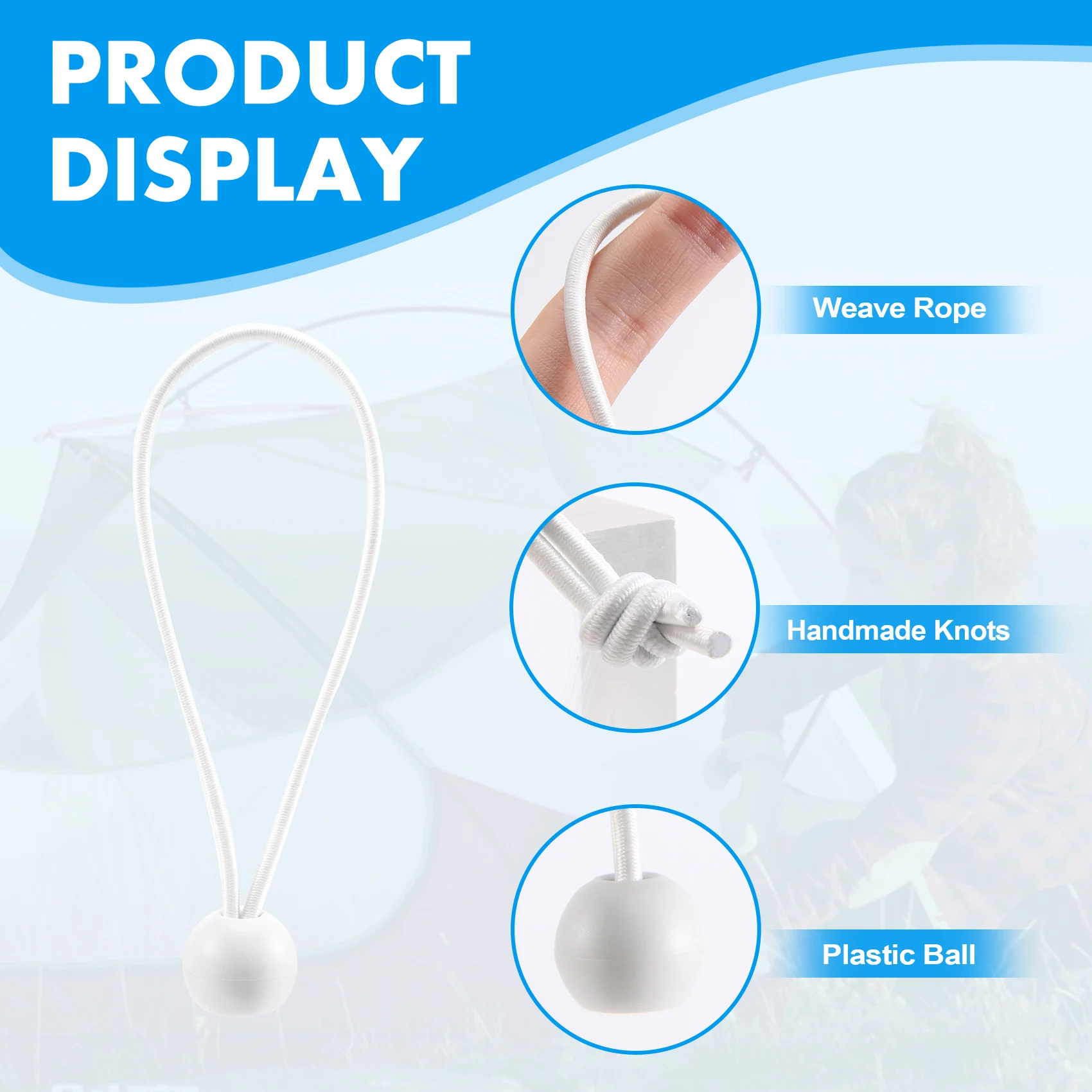 BVBV 50 قطعة حبل بنجي مع كرات ربطات عنق مرنة بنجي تبديل ربطات عنق للسرادق، لافتات الخيام، أقطاب العلم، قماش القنب (أبيض)