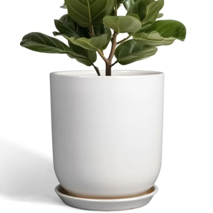 

Indoor Outdoor Modern White Ceramic Plant Pot with Drainage Hole and Saucer, 10 Inch Large Planter for Home Decor