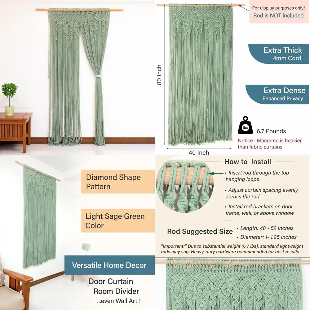 

4mm Thick Macrame Door Curtain - Handmade Sage Green Privacy Screen - 40 x 80 Bohemian Room Divider