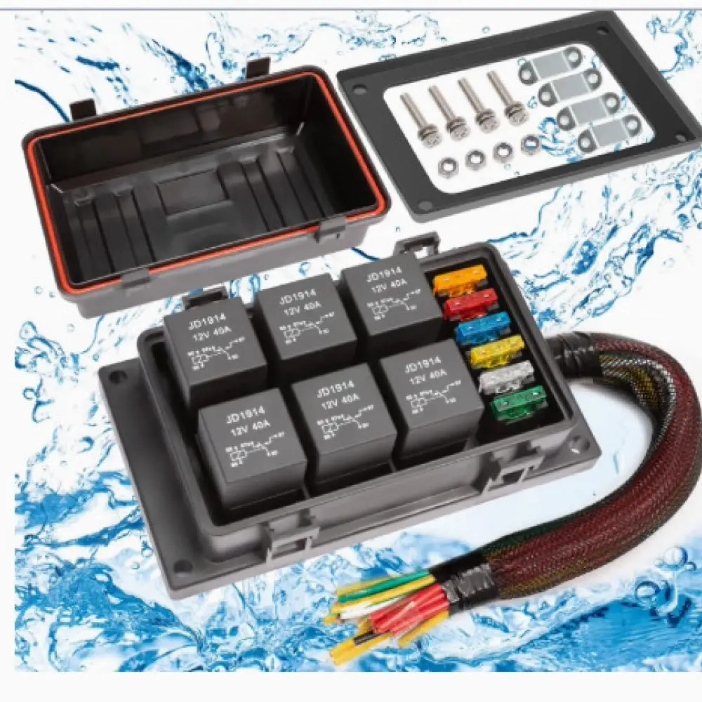 Automotive 12V 24V Relay Fuse Box 6 Way Waterproof Prewired Holder Circuit Control Module For Boat Truck RV