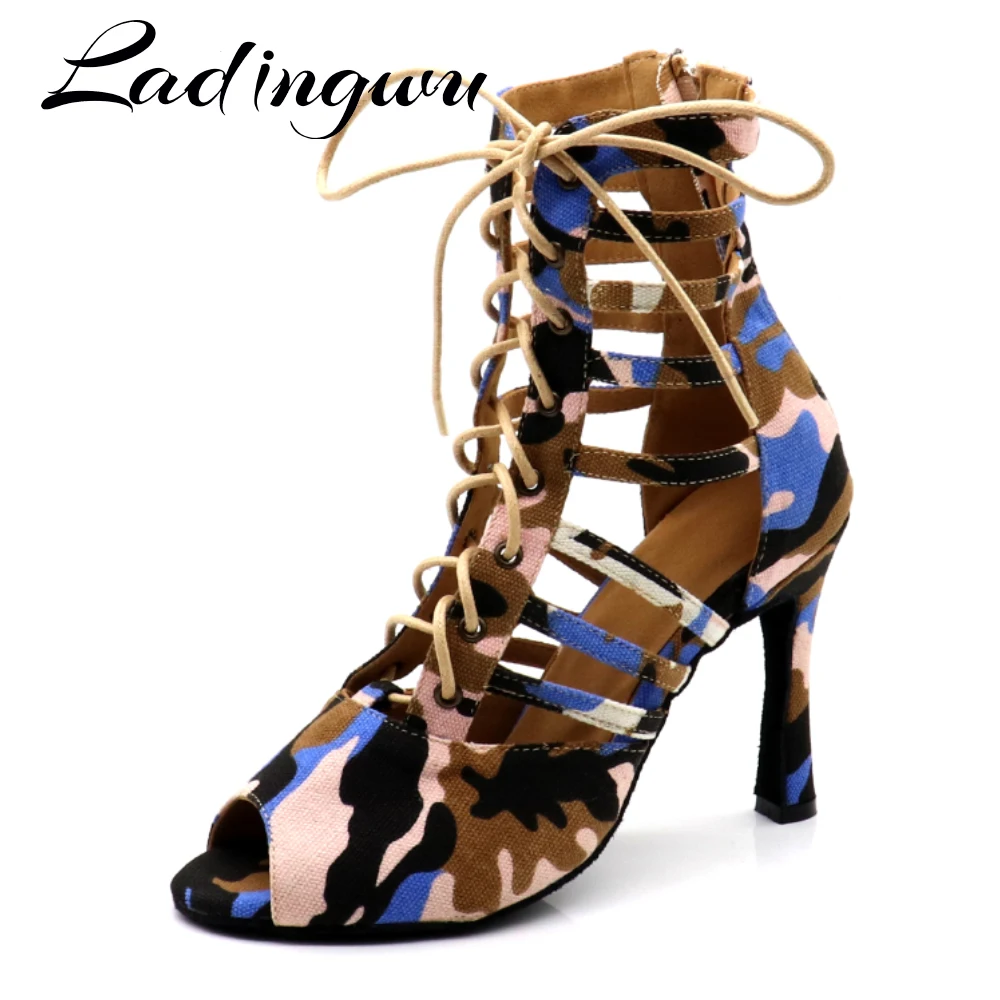 Ladingwu New Latin Dance Shoes Salsa Dance Shoes Women Latin Soft Bottom Dance Boots Ballroom Dance Shoes Camouflage  Denim