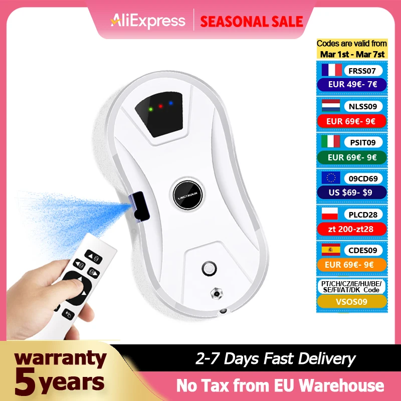 Liectroux YW610 Robot nettoyeur de vitres, pulvérisation d'eau ultrasonique, aspirateur robot ultra-mince pour les vitres, nettoyage des vitres à domicile, nettoyage à sec et humide, parcours AI,