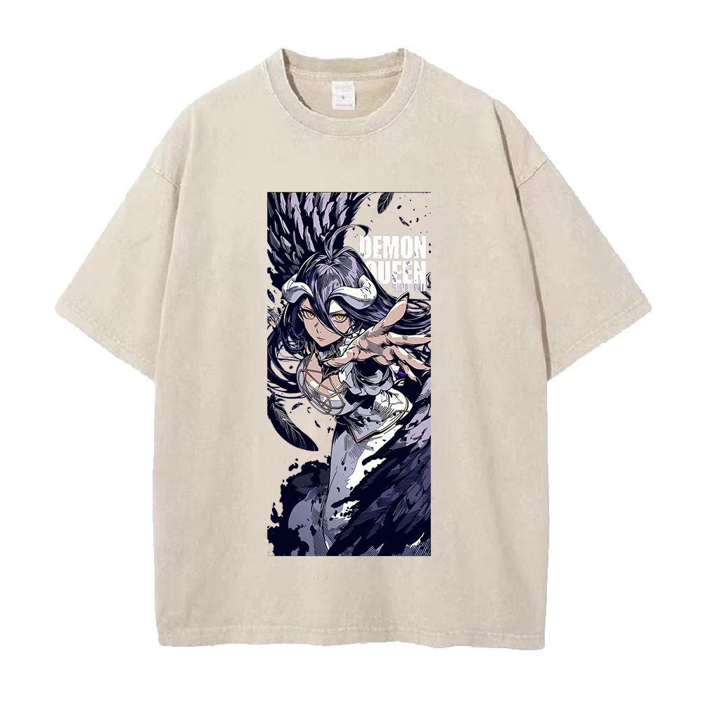 Albedo Kawaii Print T-shirt Anime Overlord Clothing Men Women Cotton Tshirts Retro Washed T Shirt Harajuku Summer Oversized Tops