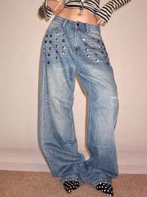 

American Style Retro Rivet Decorated Denim Jeans Women's Loose Straight Wide Leg Floor-Length Pants High Waist Soft Denim