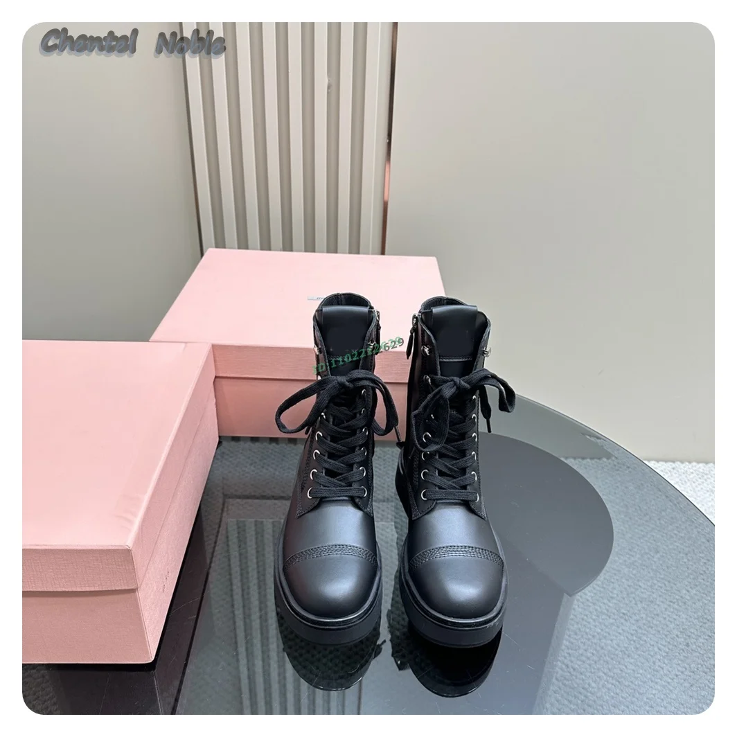 Black Leather Lace-up Side Zipper Ankle Boots For Women Flats Round Toe Casual Platform Shoes Autumn Winter 2024 New Arrivals