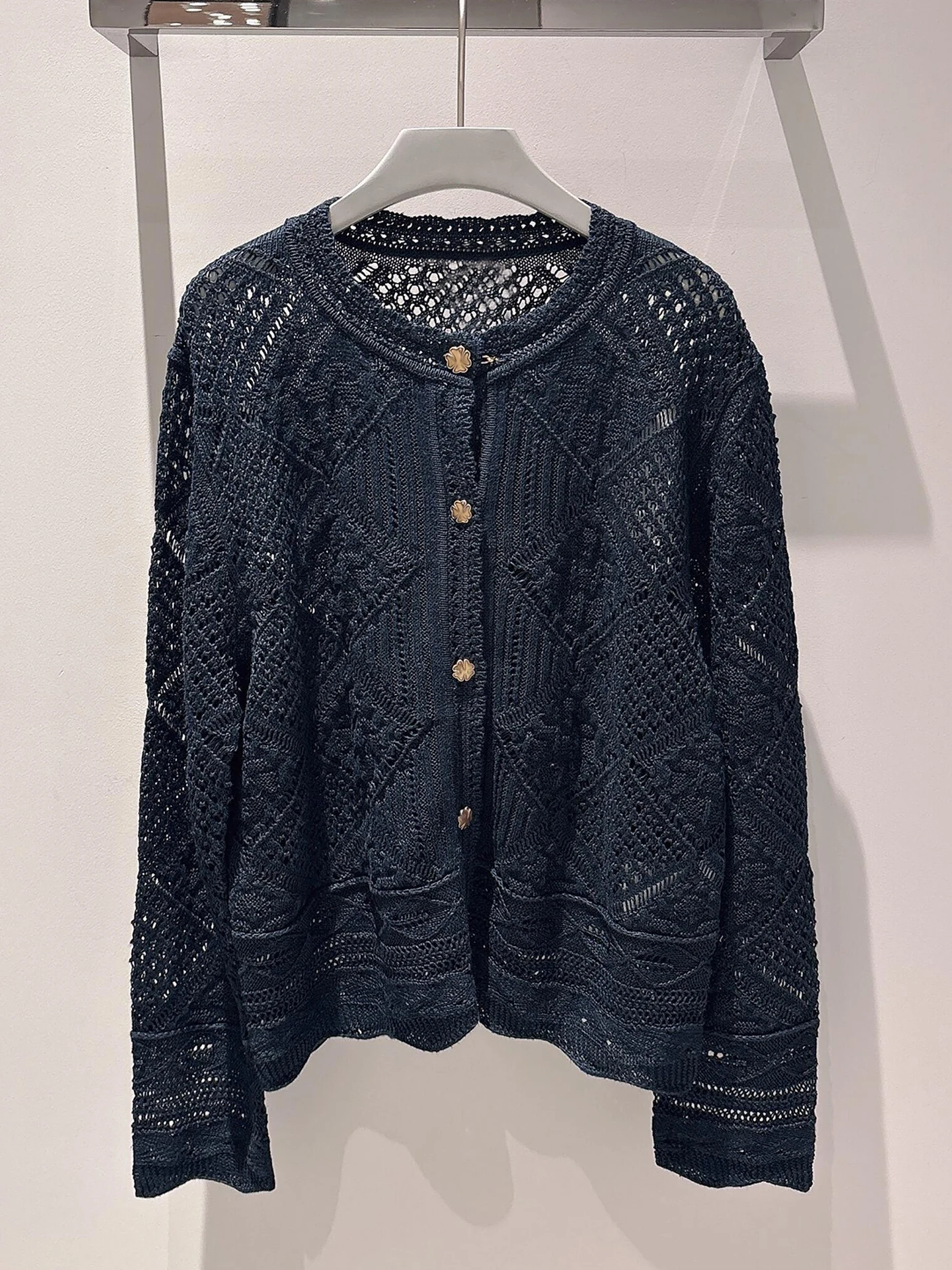

High-End Women's Knitted Open Cardigan Summer New Design Sensation Hollow out Crochet Flower Detailing Regular Fit Long Sleeve