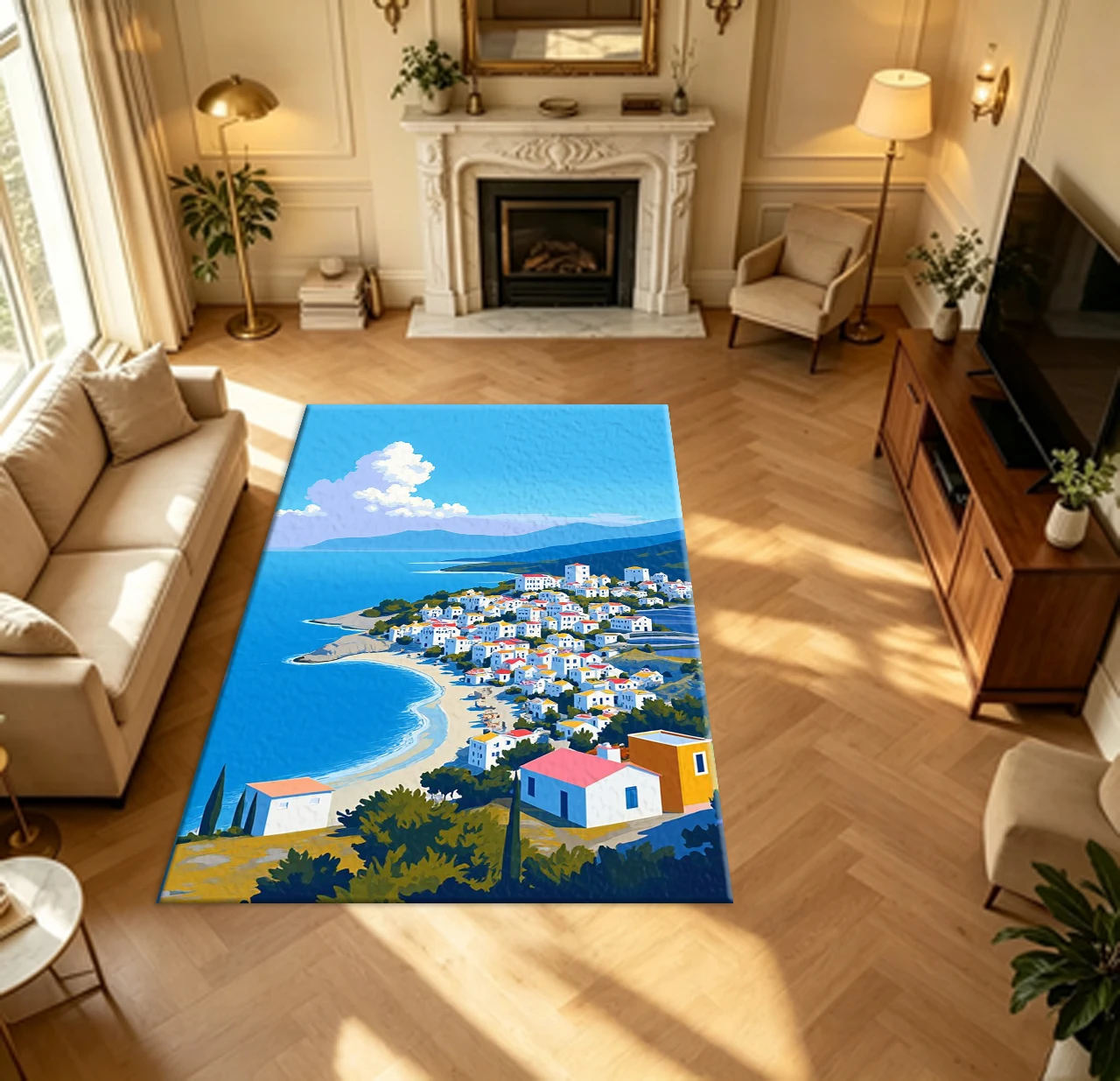 Mediterranean Seaside Town Scenery Art Carpet Flooring Modern Landscape Print Household Living Hall Area Rug Indoor Floor Ornament