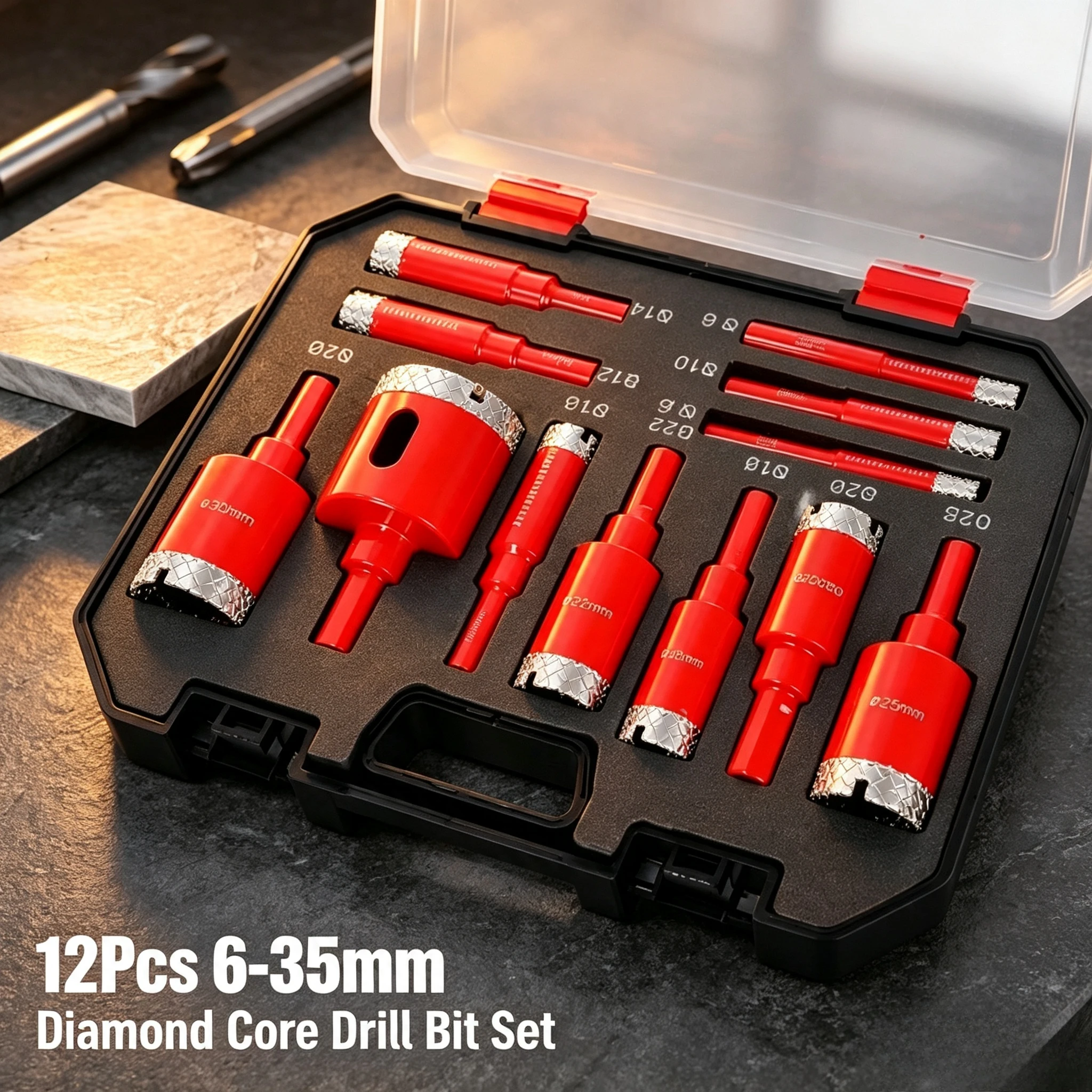 12 Pieces Diamond Hole Saw Set 6-35mm, Hard Material Core Drill Bits for Ceramic Marble Glass Drilling with Carry Case