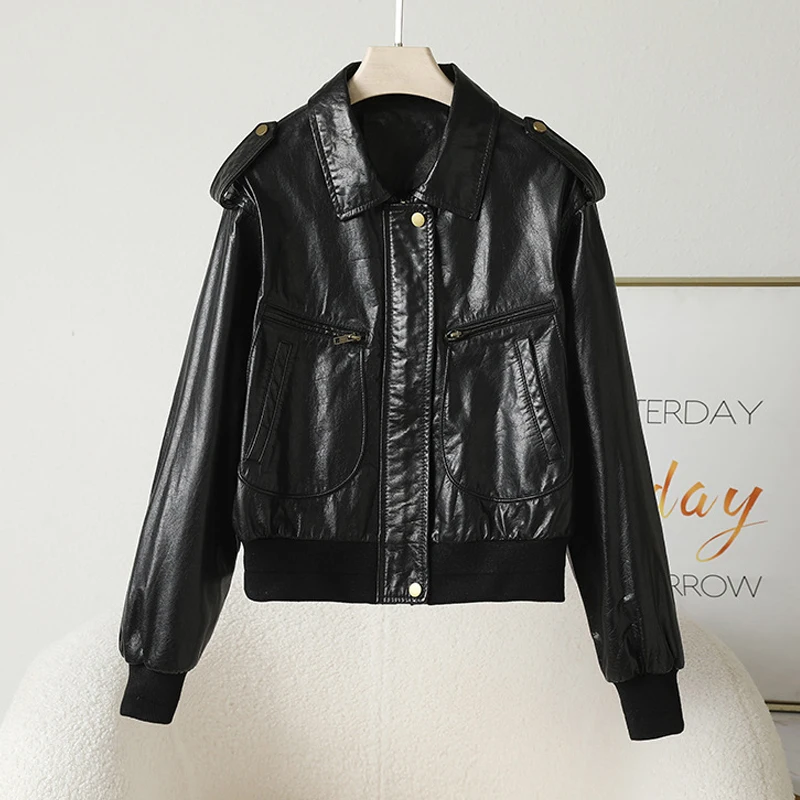 M-3XL Vintage Oil Wax Leather Women Cowhide Jacket Coats 2025 Fall Lapel Long Sleeve Female First Layer Cowhide Casual Jackets