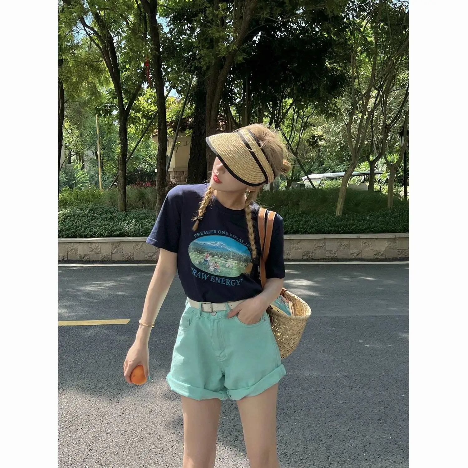 Sweet High Waist Wide Leg Jeans Shorts Youth Mint Wave Korean Style Summer New Loose Slimming Cotton Denim Shorts for Women