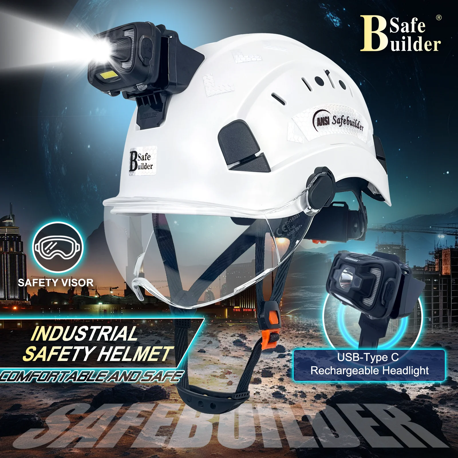 CE Safety Helmet with Visor Build In Headlight,Safety Hard Hats with Rechargeable Headlamp for Men Work Industrial,Construction