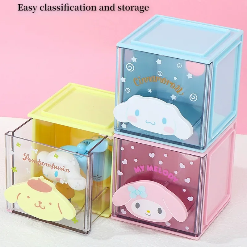 MINISO Sanrio Cinnamoroll Hello Kitty Kulomi Creative Cartoon Cute My Melody Storage Box Drawer Stackable Square Dressing Table