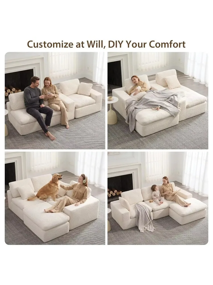 L-Shaped Modular Sectional Sofa with Ottoman, Boneless Cloud Design with Back Support for Living Room, Customized