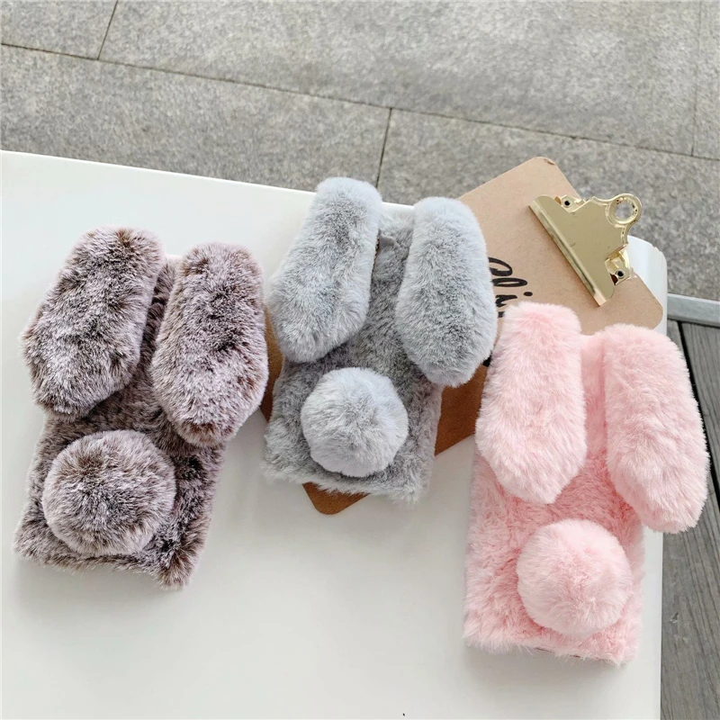 Soft Plush Case For Huawei P60 P50 P30 P40 P20 P10 P8 Lite P Smart Z S Pro Plus 2019 2020 2021 Furry Rabbit Bunny Warm Fur Cover