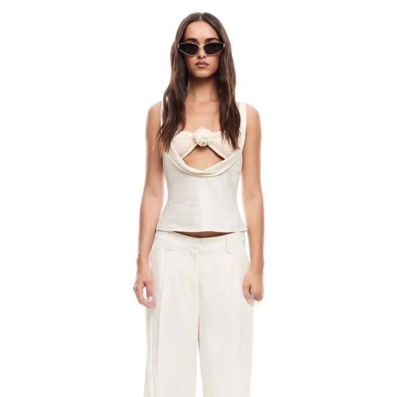 Lioness sexy linen three-dimensional flower lace halter two-piece top and trousers straight, loose