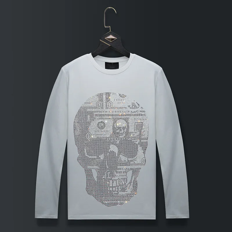 Plus Size Long Sleeve T Shirts Men Fashion Streetwear Rhinestones Skulls O Neck Slim Modal Cotton Tshirts Mens Clothing