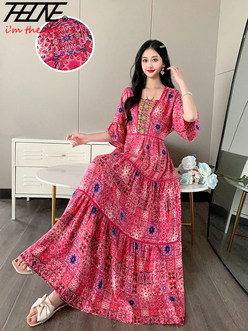 Women Indian Summer Dress Vintage Korean Style Boho Floral Casual Loose Holiday Cotton Long Elegant Dresses Vestidos Para Mujer