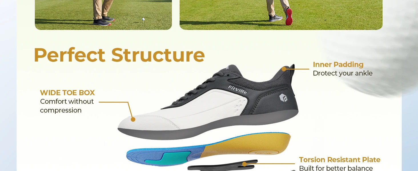 FitVille Wide Herren-Golfschuhe, wasserdicht, sportlich, lässig, Sneaker, professionelle, rutschfeste, spikelose Golfschuhe für Herren, mit Fußgewölbeunterstützung – Detail 5